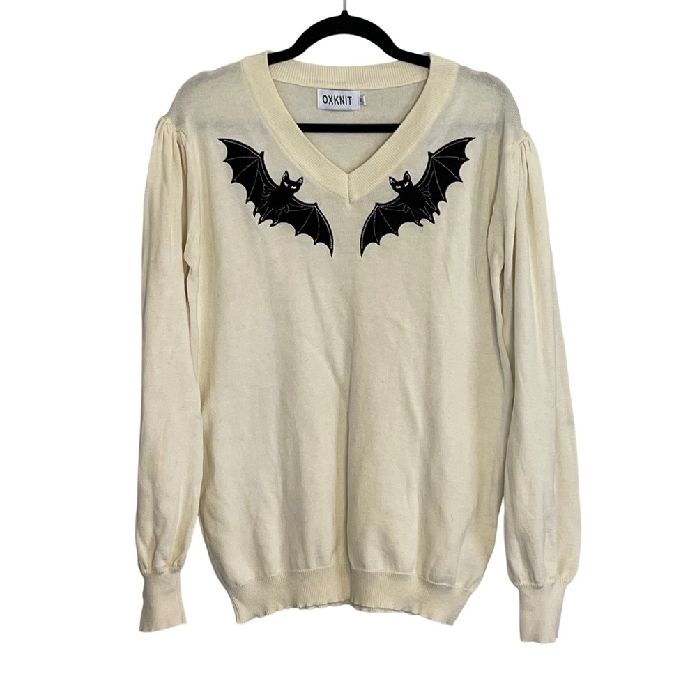 OXKNIT Off White V-Neck Bat Applique Puffed Shoulder Sweater XL Gothic Spooky